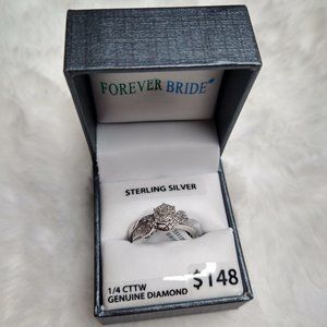 NIB Sterling Silver 1/4 CTTW Genuine Diamond Engagement Ring Bridal Set Sz 7